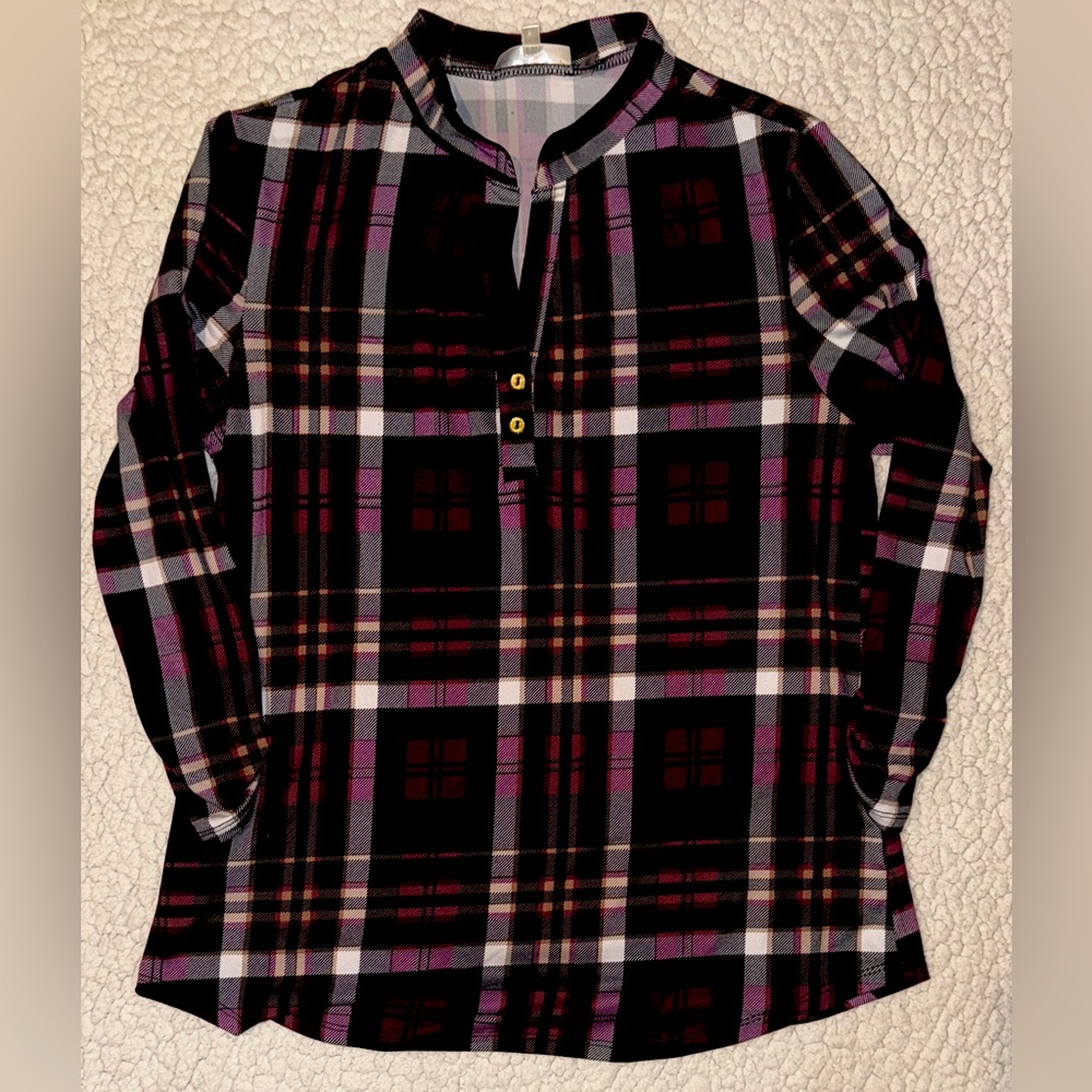 Claudia Richard Purple Plaid Blouse Petite Medium